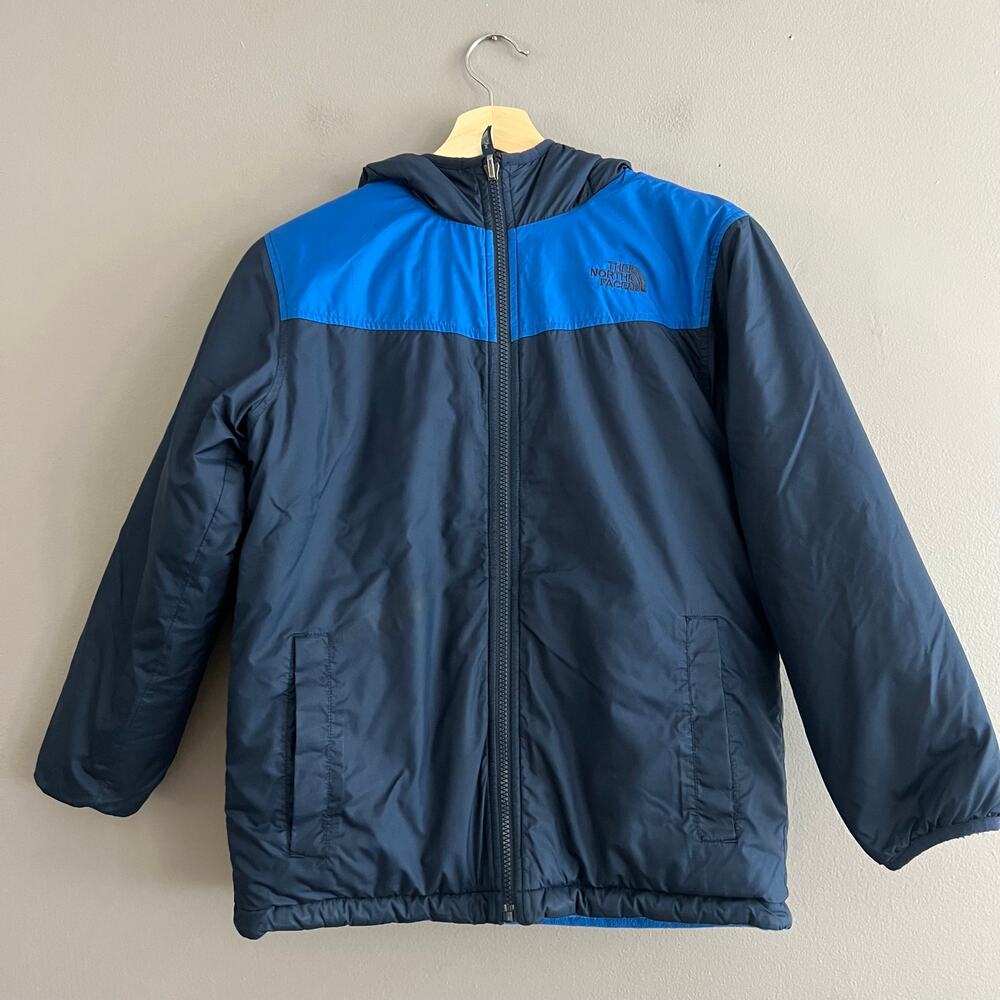 The North Face Boys Medium Reversible Puffer Fleece Jacket Navy Blue Hooded